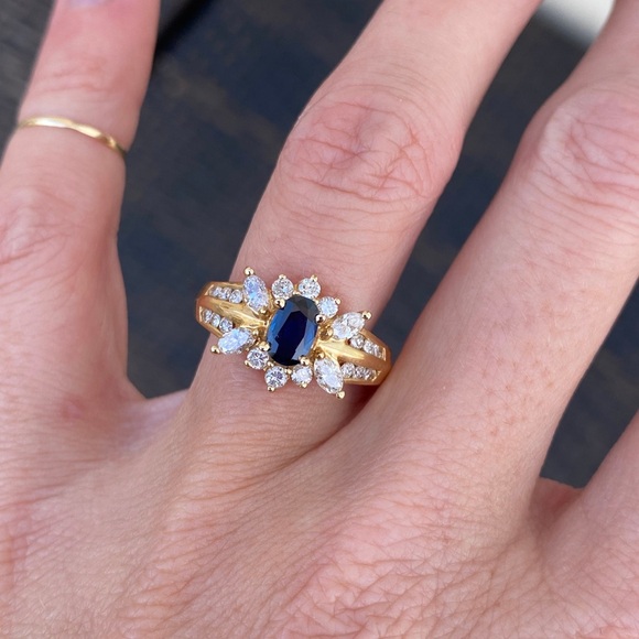 Vintage Oval Blue Sapphire Marquise Round Diamond 14k
Yellow Gold Cocktail Ring - Picture 5 of 5